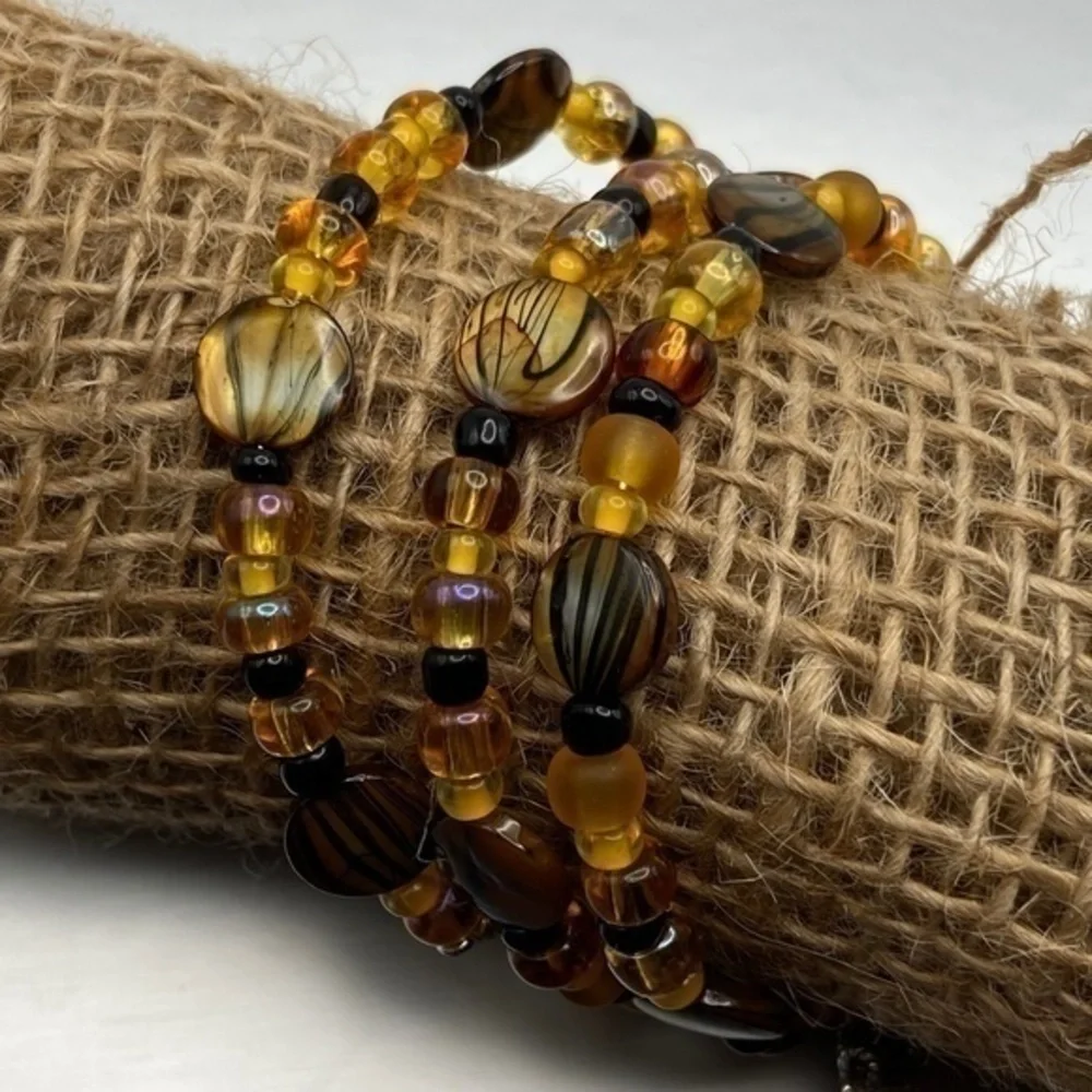 Memory‎ Wire Bracelet Gold Brown Black Beaded Wrap Around Boho Coil Bracelet